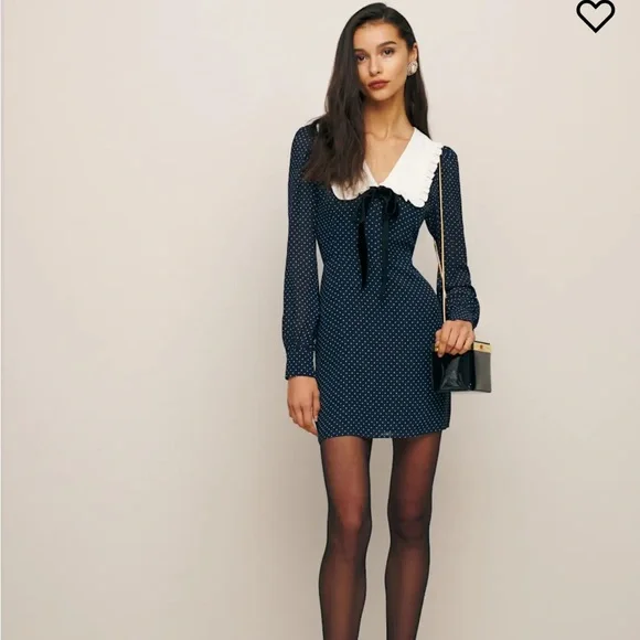 Reformation Navy Polka Dot Long Sleeve Dress - Picture 3 of 4